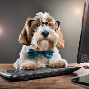 Firefly happy cute petit basset griffon vendeen, with bow tie and glasses, sitting at a computer, ty